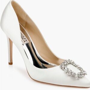 Badgley Mishka Bridal Elegant White Heels with Crystal Embellishment